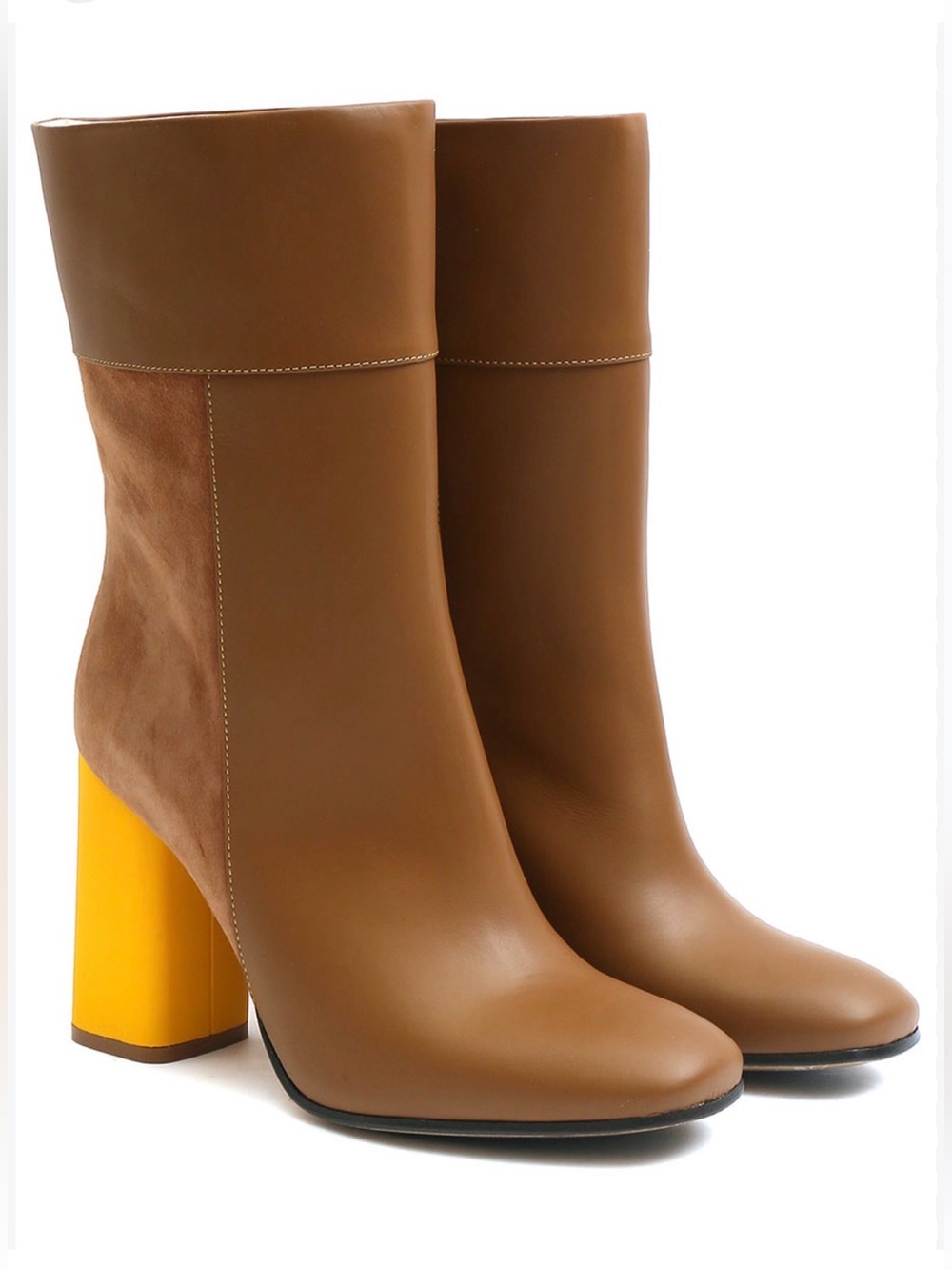 Marina Rinaldi Leibniz Brown Leather Suede Ankle Boots Yellow Block Heel Size 10